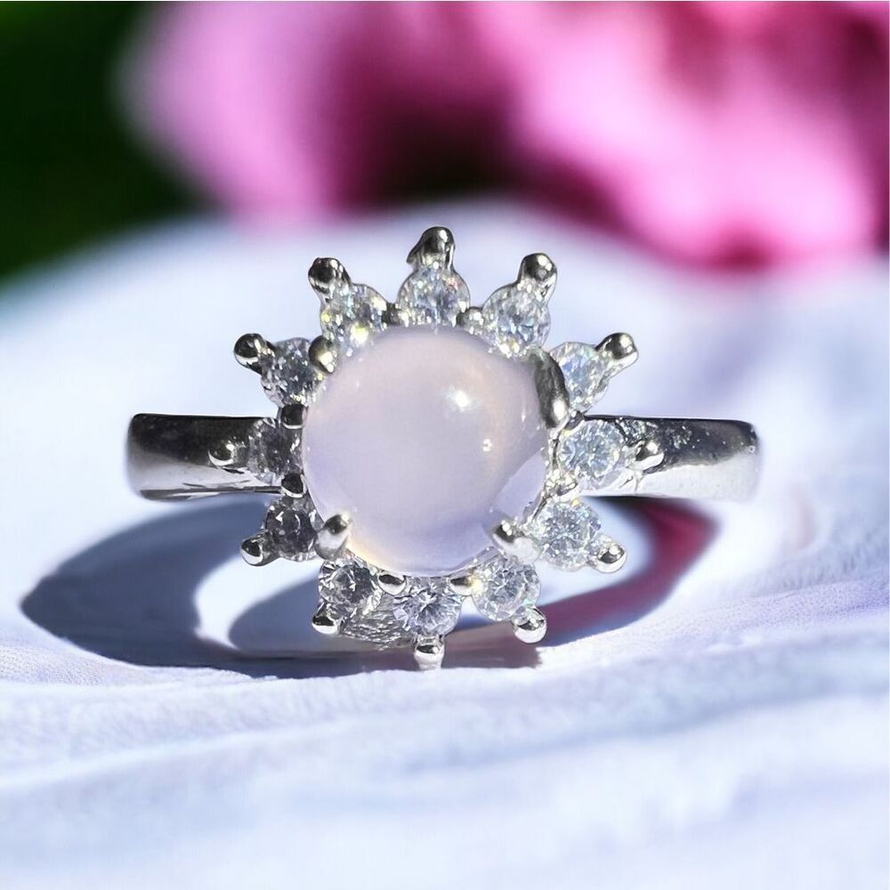 Rose Quartz Crystal Halo Cubic Zirconia Ring‎ Adjustable Size 7.5